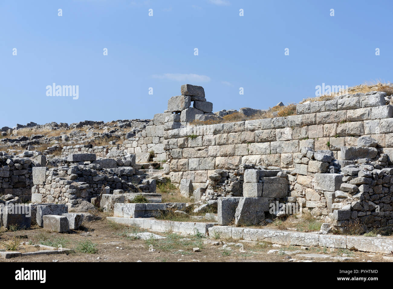 Retaining wall found in the ancient city of Thera, Santorini, Greece. Stock Photo