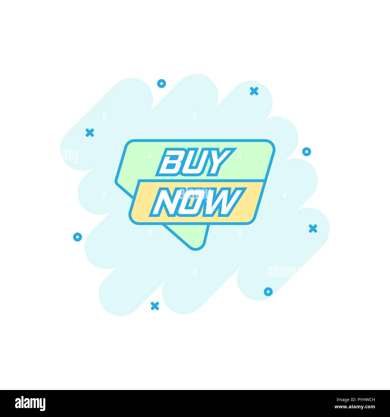 Vector cartoon buy now banner icon in comic style Badge shopping Vector cartoon buy now banner icon in comic style Badge shopping