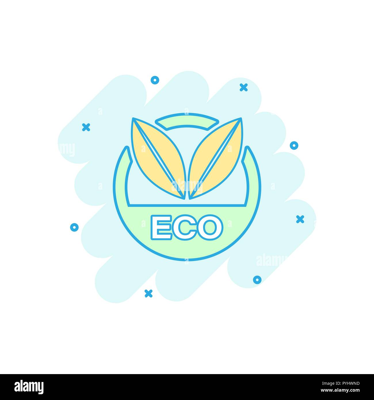 Vector cartoon eco label badge icon in comic style. Organic product ...