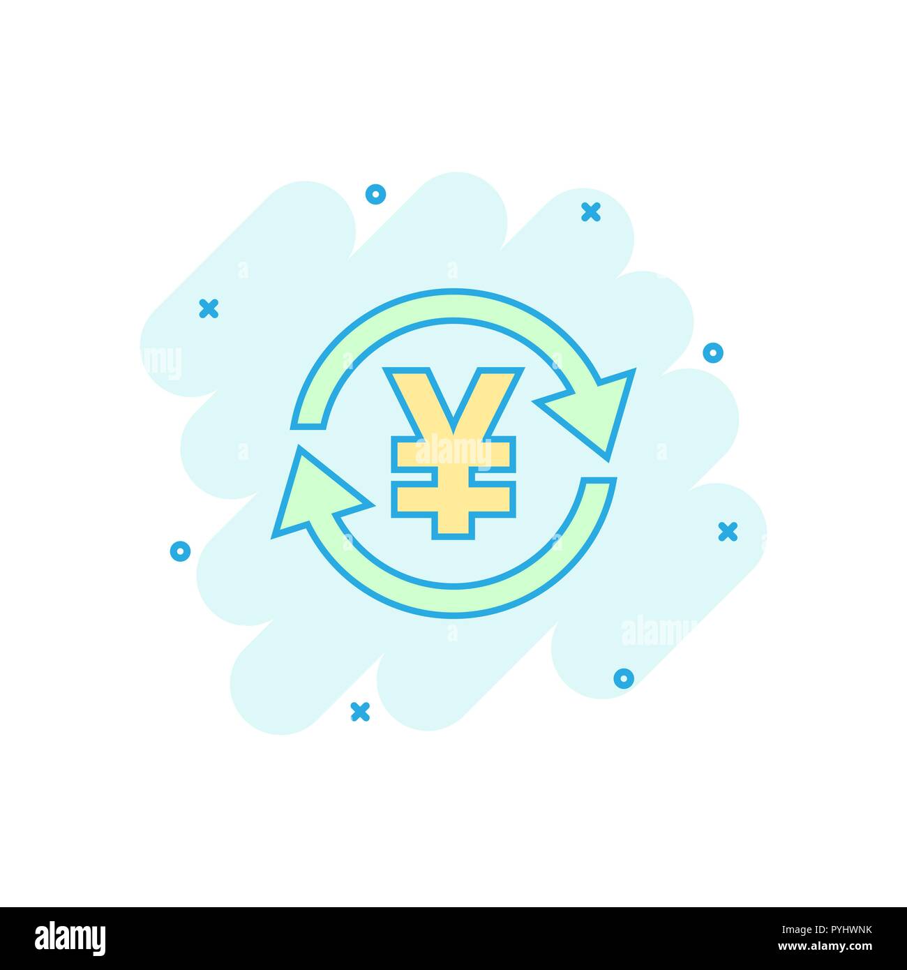 Vector cartoon yen, yuan money currency icon in comic style. Yen coin concept illustration pictogram. Asia money business splash effect concept. Stock Vector