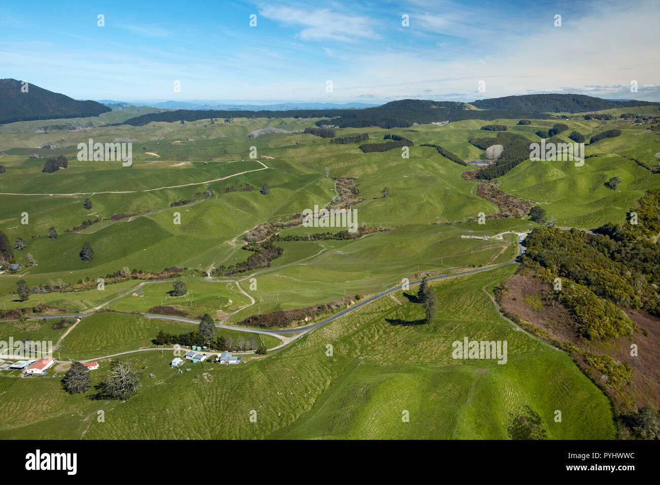 Farmland near Rotorua, North Island, New Zealand - aerial Stock Photo