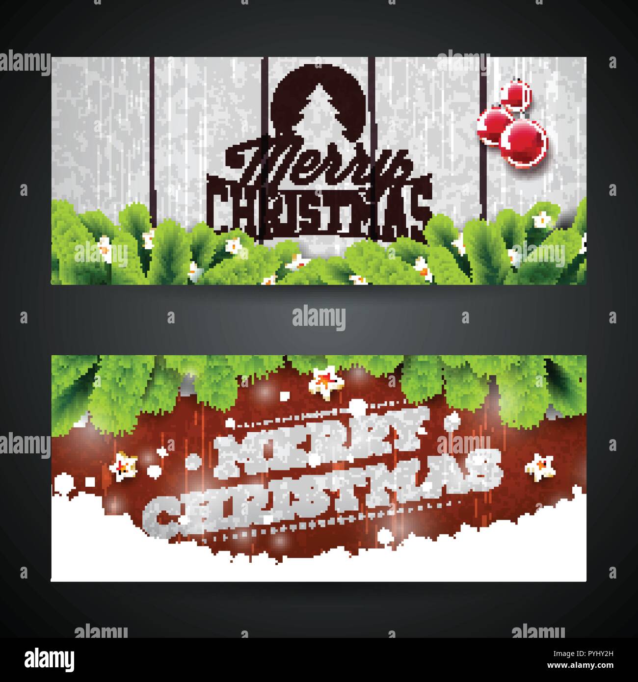Merry Christmas Banner Design with Glass Ball, Star, Pine Branch and ...