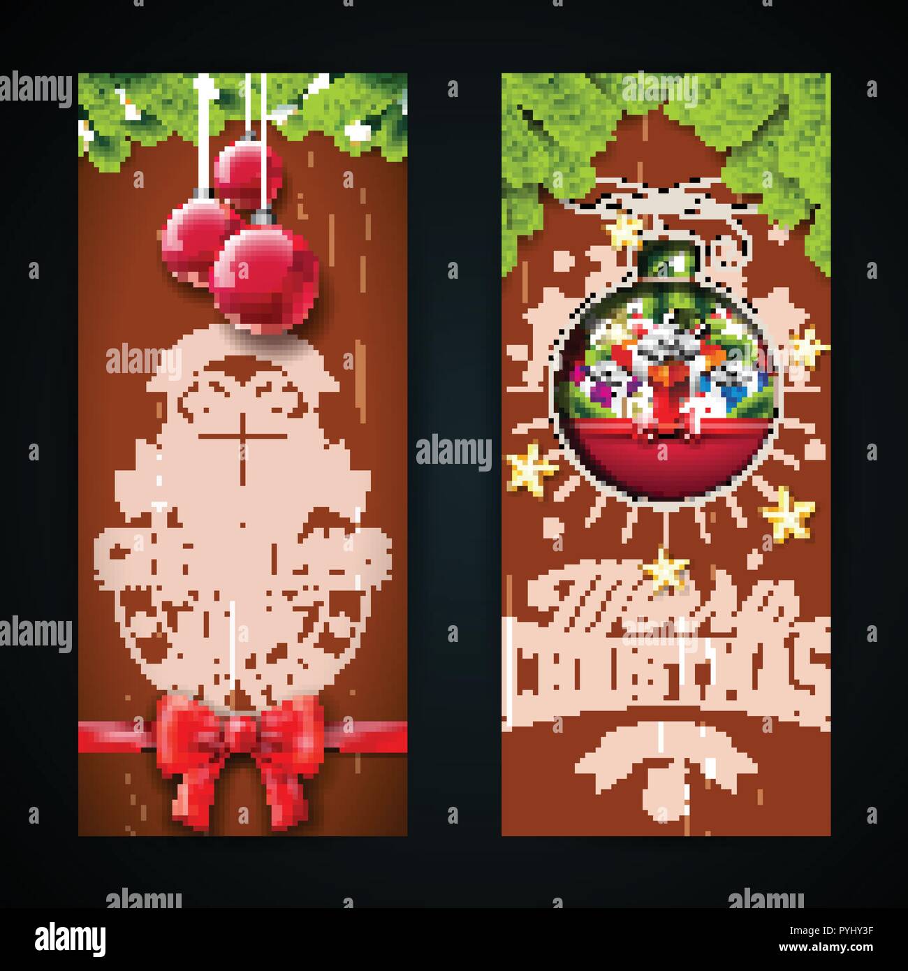Merry Christmas Banner Design with Glass Ball, Star, Pine Branch and ...