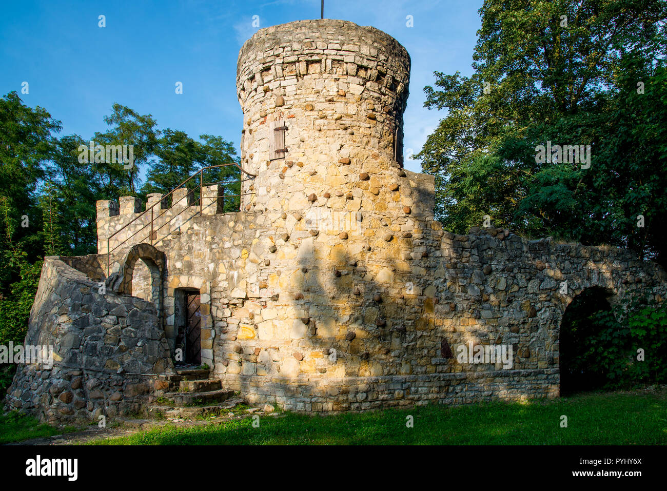 Ruins of the medieval city walls with a tower in Krapkowice, Opole province. Poland Stock Photo