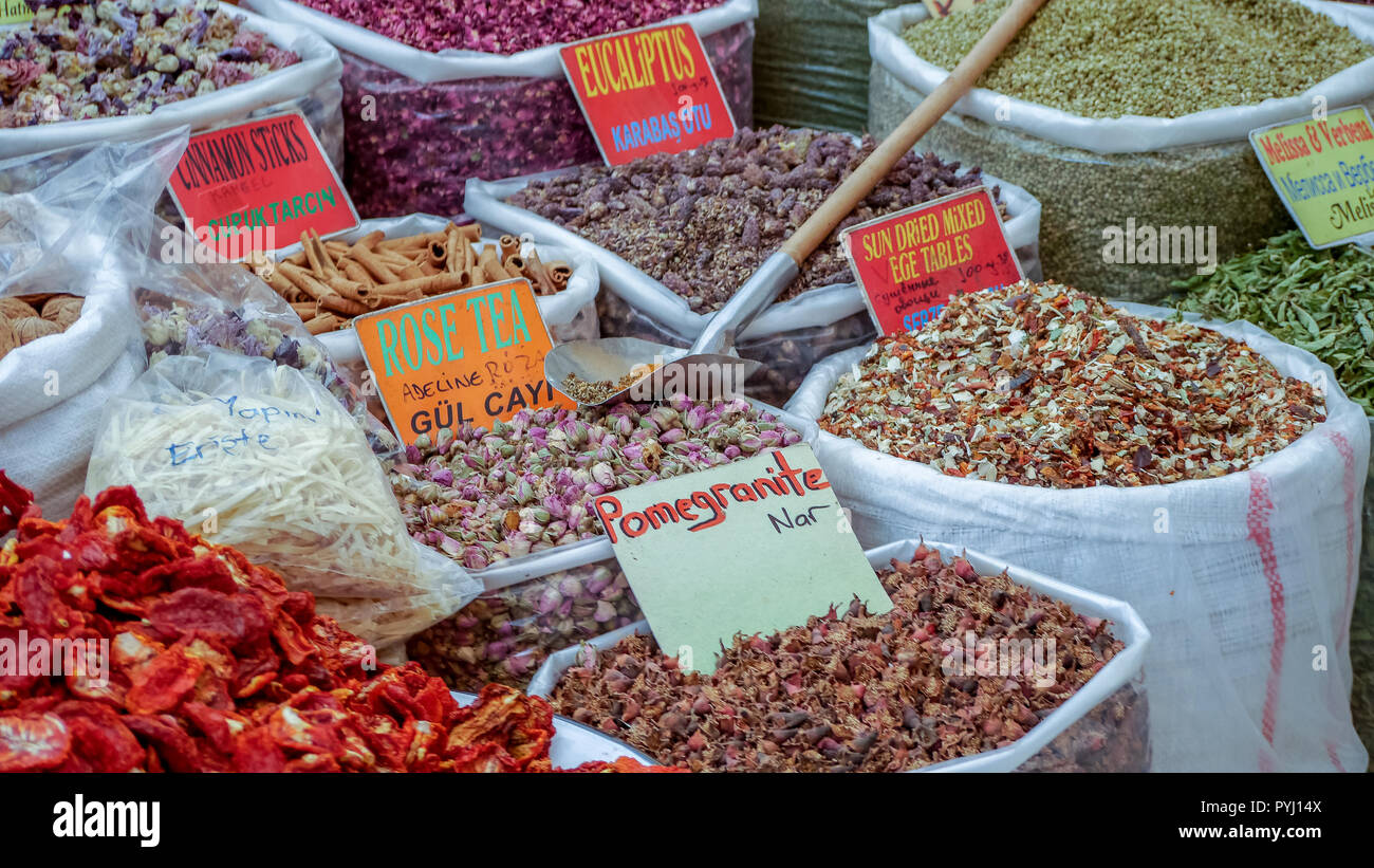 Sacks of Teas and Herbs at Turkish Market Stock Photo