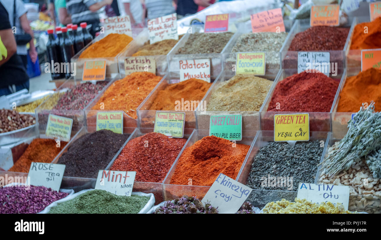 Selection of Spices on Turkish Market Stall Stock Photo