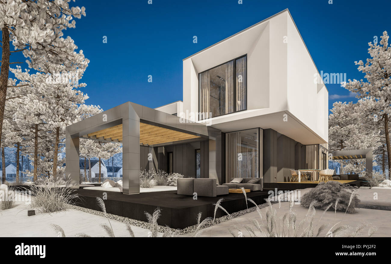 3d Rendering Of Modern Cozy House With Garage And Garden Cool