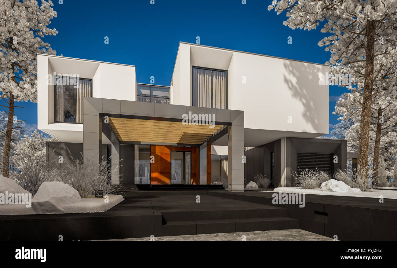 3d Rendering Of Modern Cozy House With Garage And Garden Cool