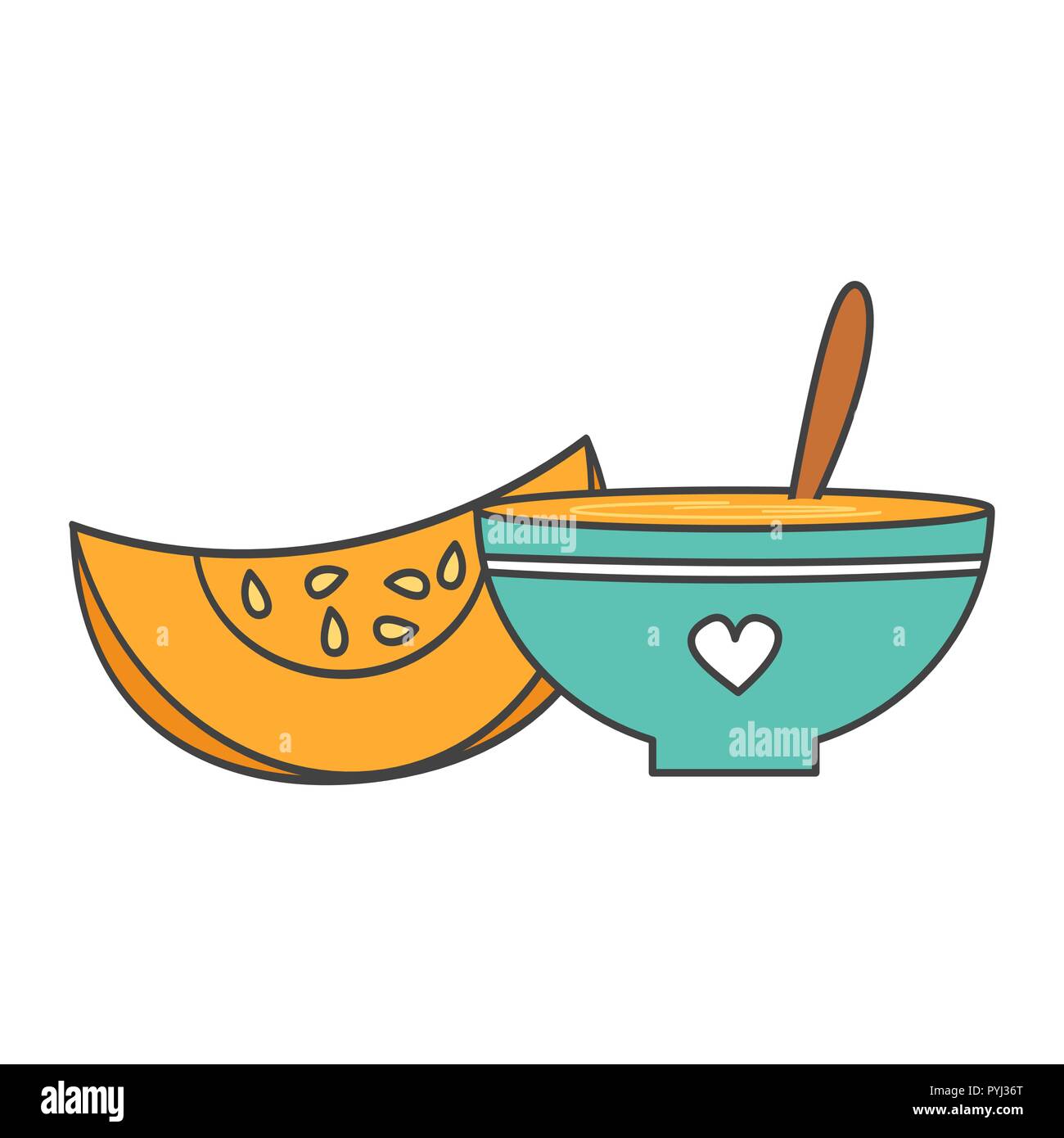 cute cartoon hot bowl with pumpkin cream soup vector illustration Stock
