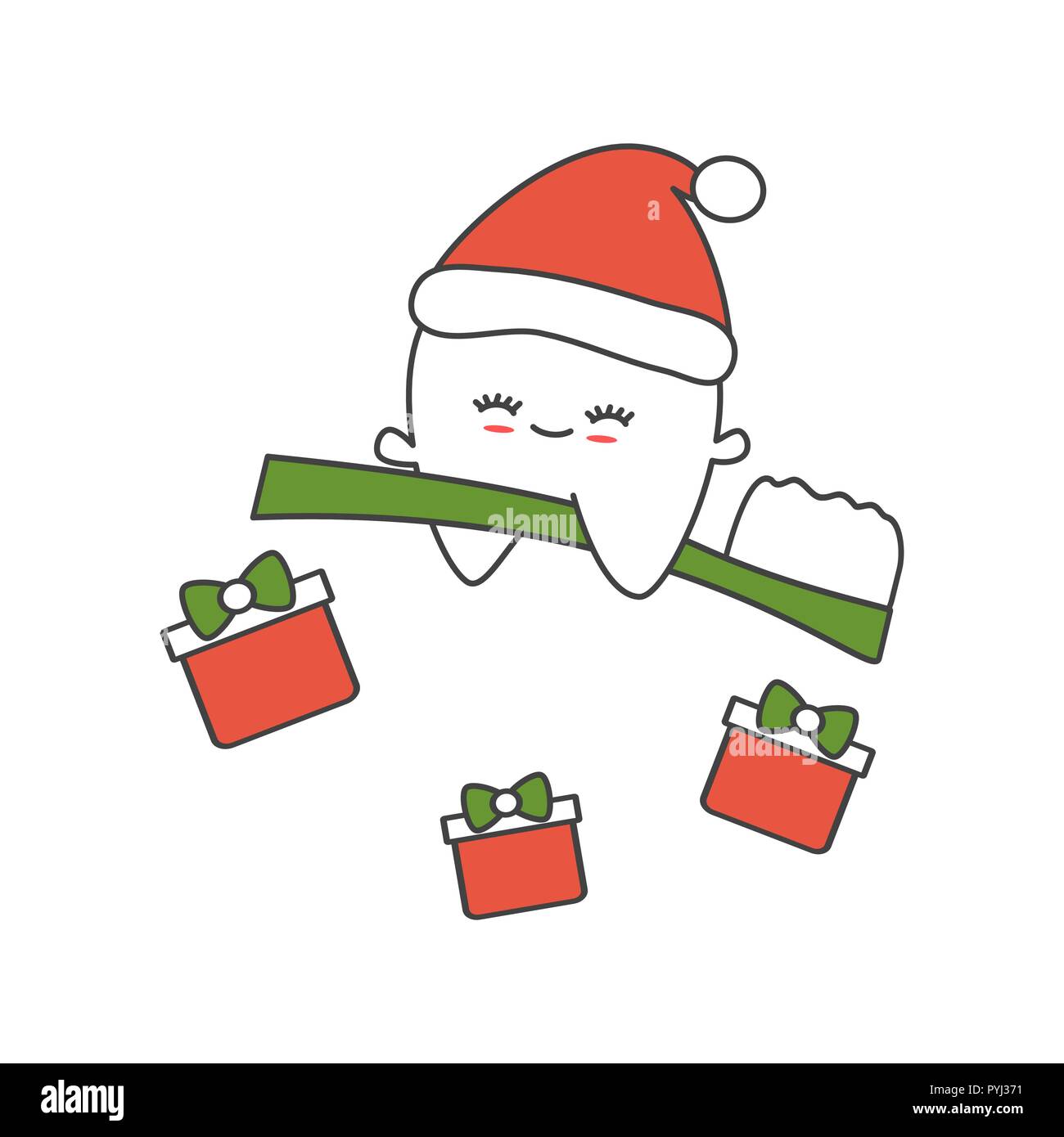 Cute Cartoon Tooth With Santa Hat Flying On Toothbrush Funny Christmas Vector Illustration Stock Vector Image Art Alamy