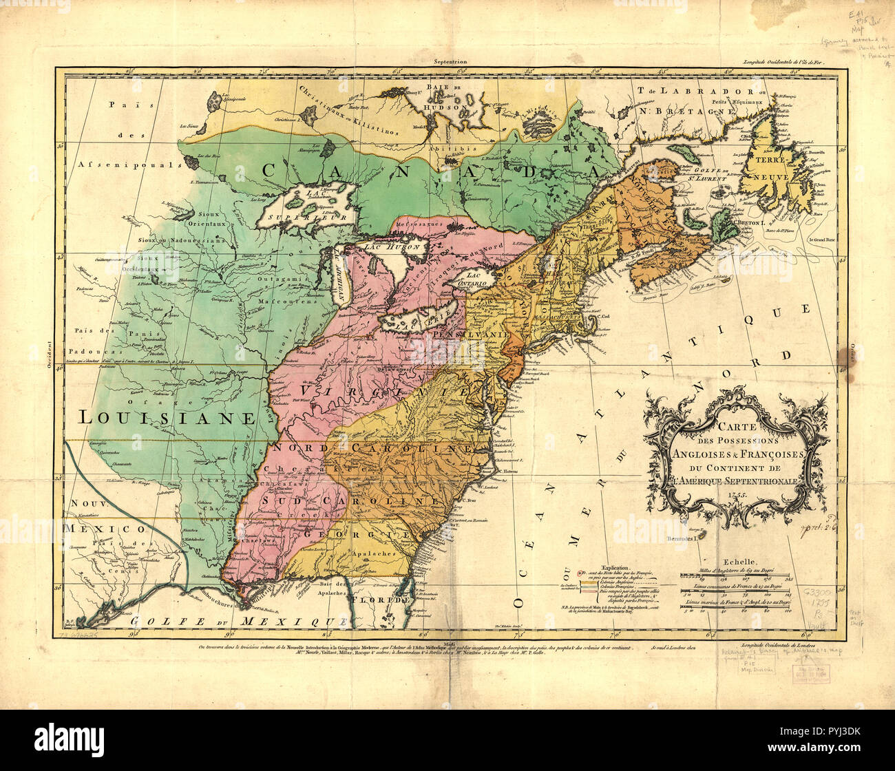 Vintage Maps / Antique Maps - Carte des possessions angloises & françoises du continent de l'Amérique septentrionale Stock Photo