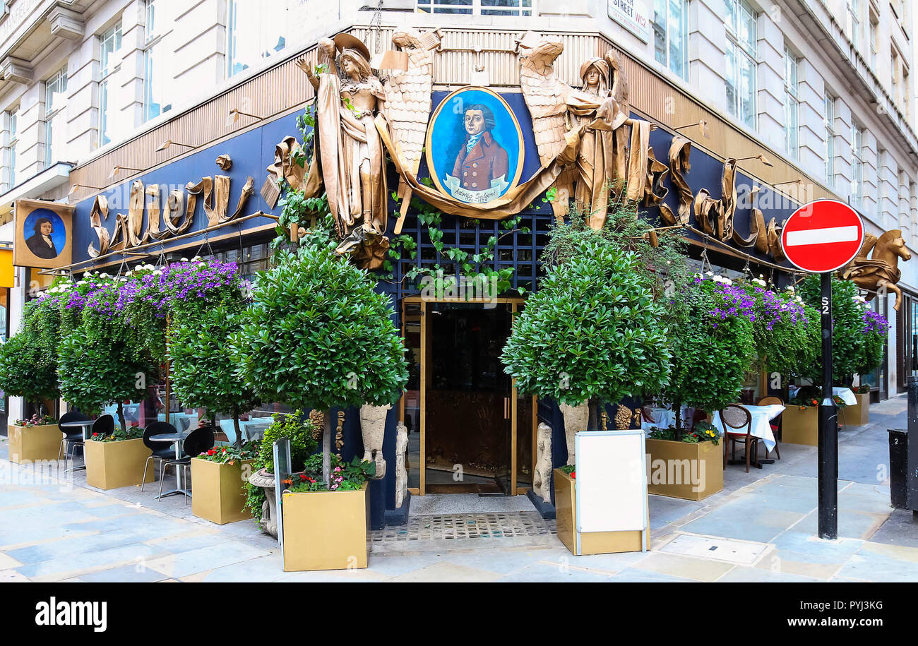 Salieri is flamboyantly decorated French and Italian restaurant opposite The Savoy hotel in central London, United Kingdom. Stock Photo