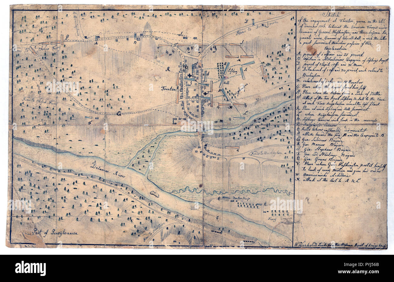 Vintage Maps / Antique Maps - Sketch of the engagement at Trenton, given on the 26th of December 1776 betwixt the American troops under command of General Washington, and three Hessian regiments under command of Colonell Rall Stock Photo