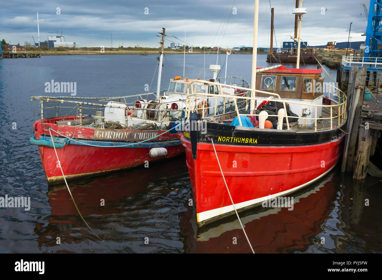 Retired Barnett Class Lifeboat Gordon Cubbin and retired MFV Northumbria moored on the Tees near the Middlesbrough Transporter bridge Stock Photo