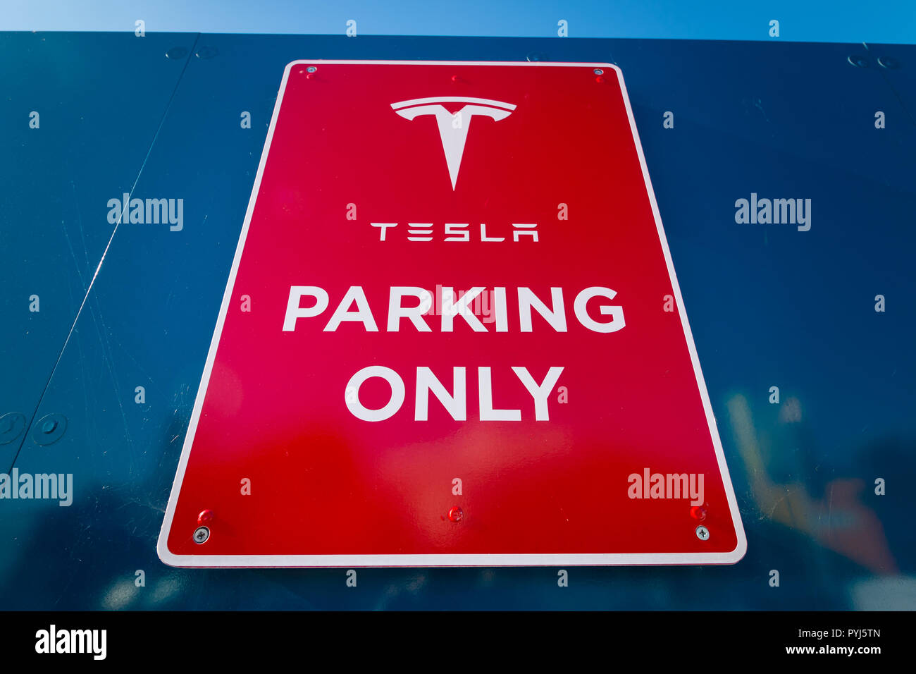 Tesla parking only sign Stock Photo