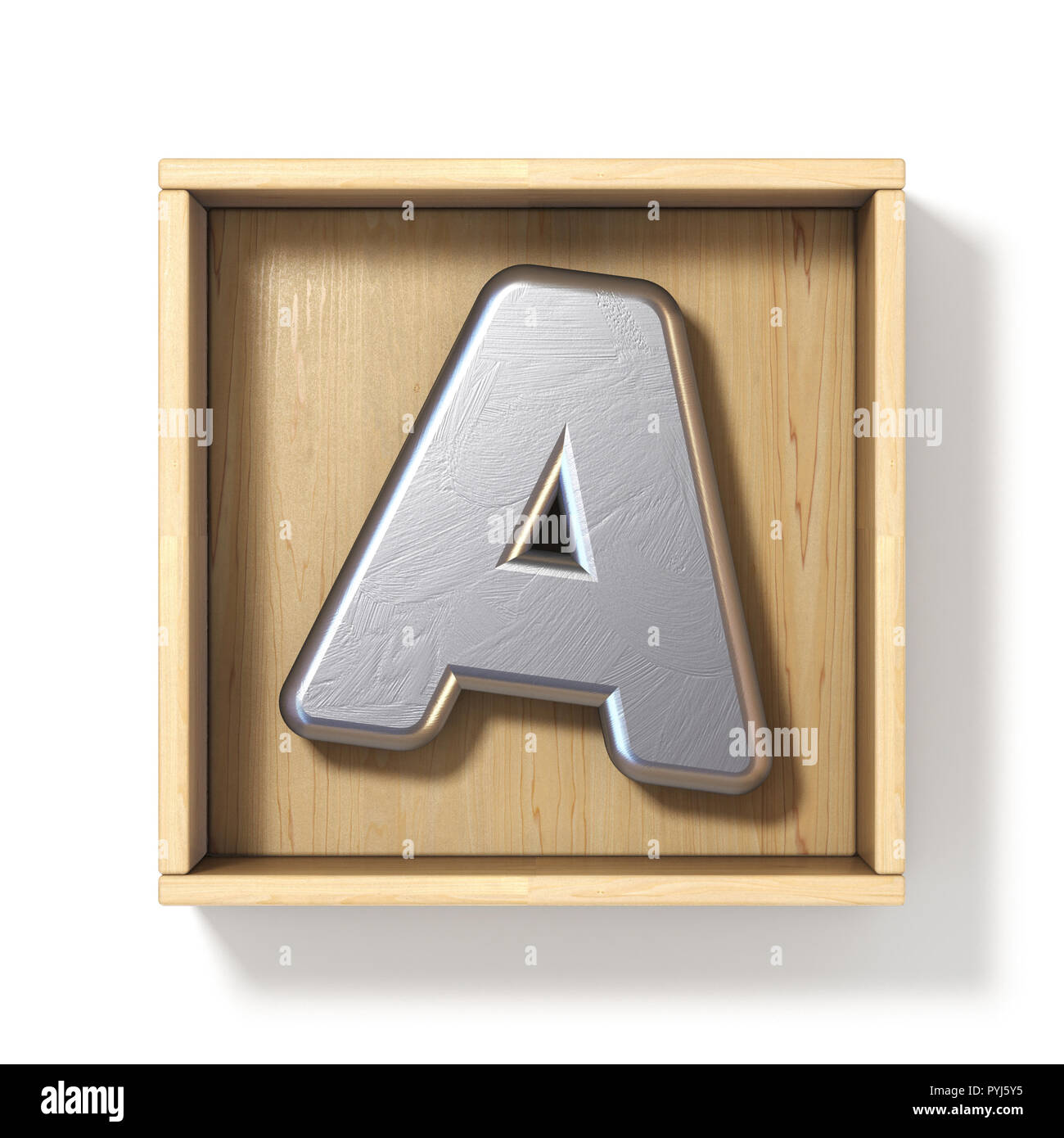 Silver metal letter A in wooden box 3D render illustration isolated on white background Stock Photo