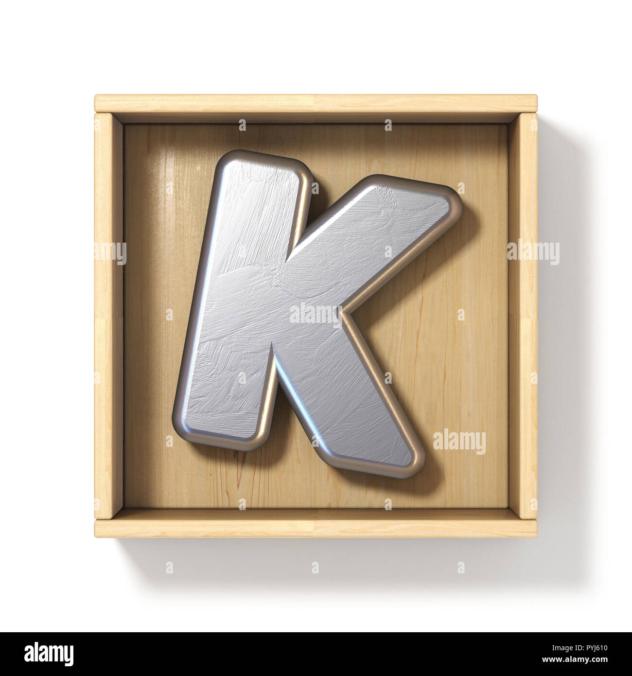 Silver metal letter K in wooden box 3D render illustration isolated on