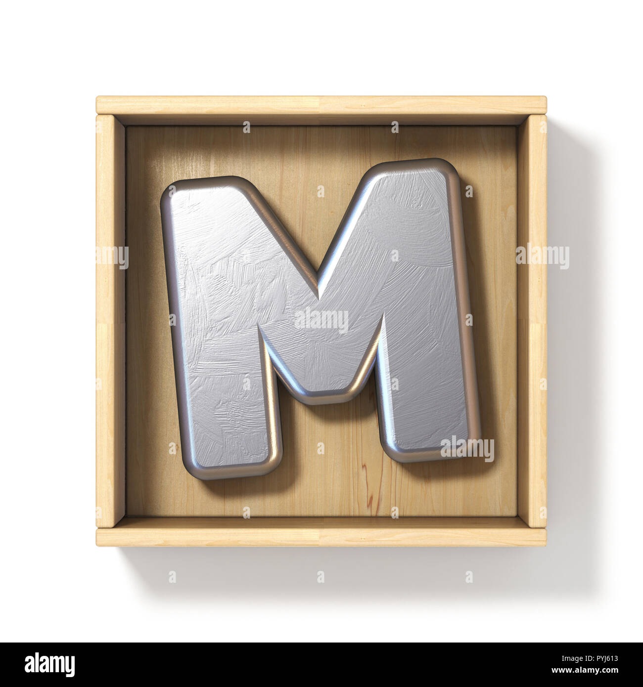 Silver metal letter M in wooden box 3D render illustration isolated on ...