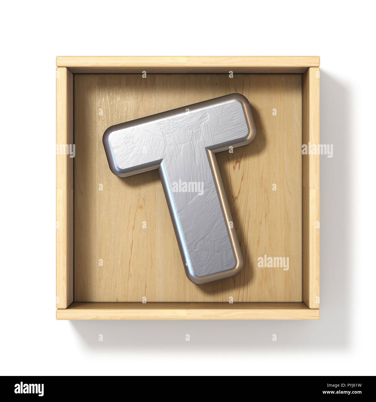 Silver metal letter T in wooden box 3D render illustration isolated on white background Stock Photo