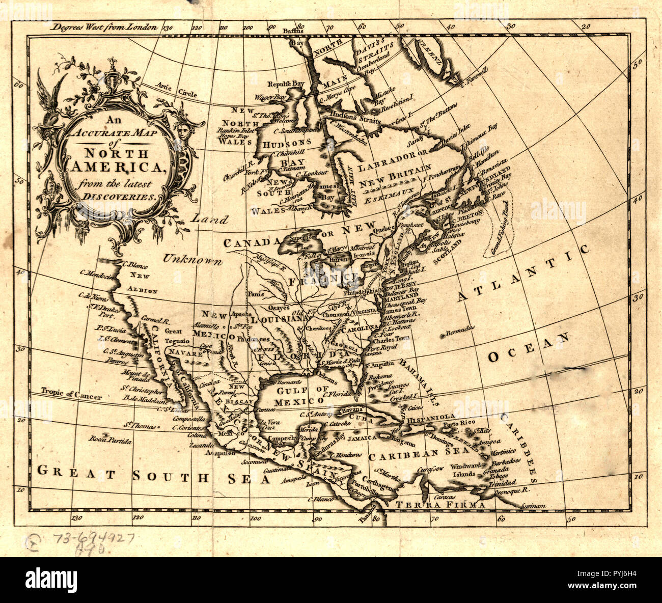 Antique map of North America 1750s Stock Photo