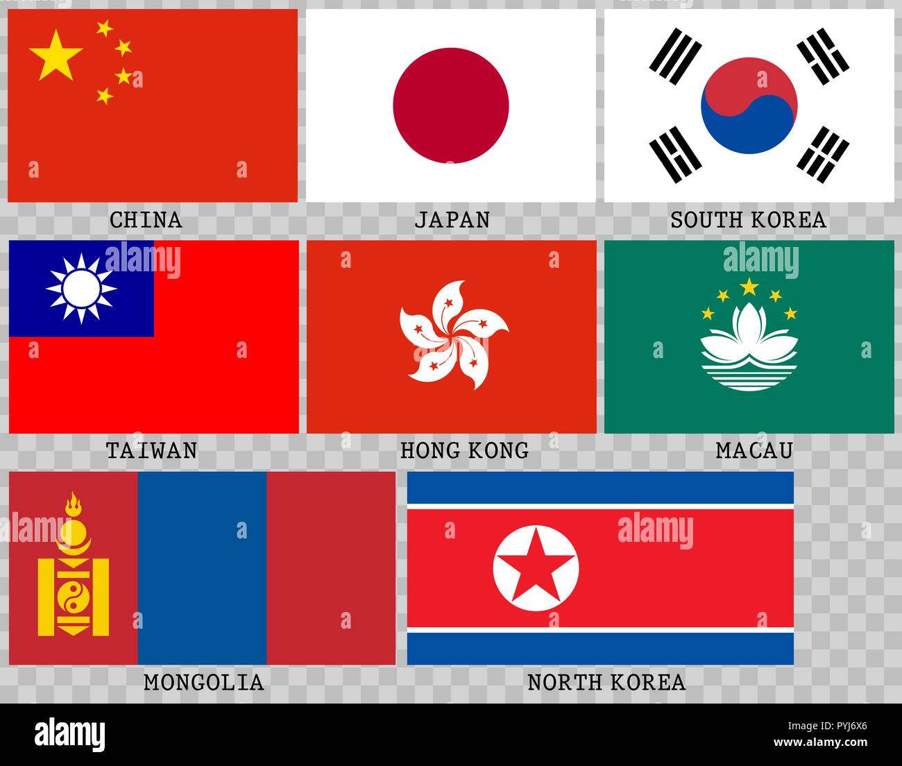 Simple flags of Asian. Correct size, proportion colors Stock Vector