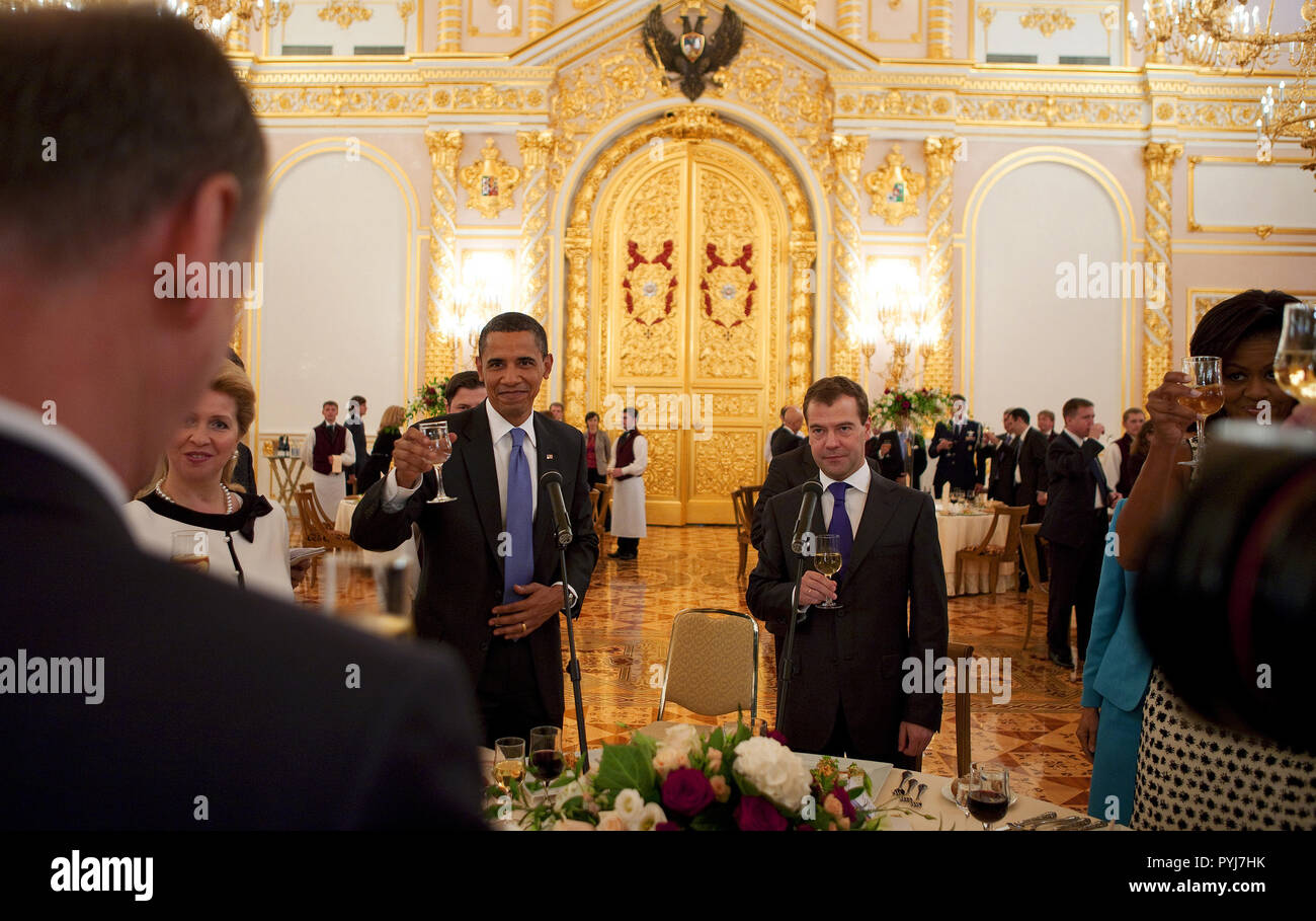 President Barack Obama and First Lady Michelle Obama attend a reception in the Kremlin with Russian President Dimitry Medvedev, his wife Svetlana Medvedeva, and the Russian Orthodox Patriarch Moscow, Russia, July 7, 2009 Stock Photo