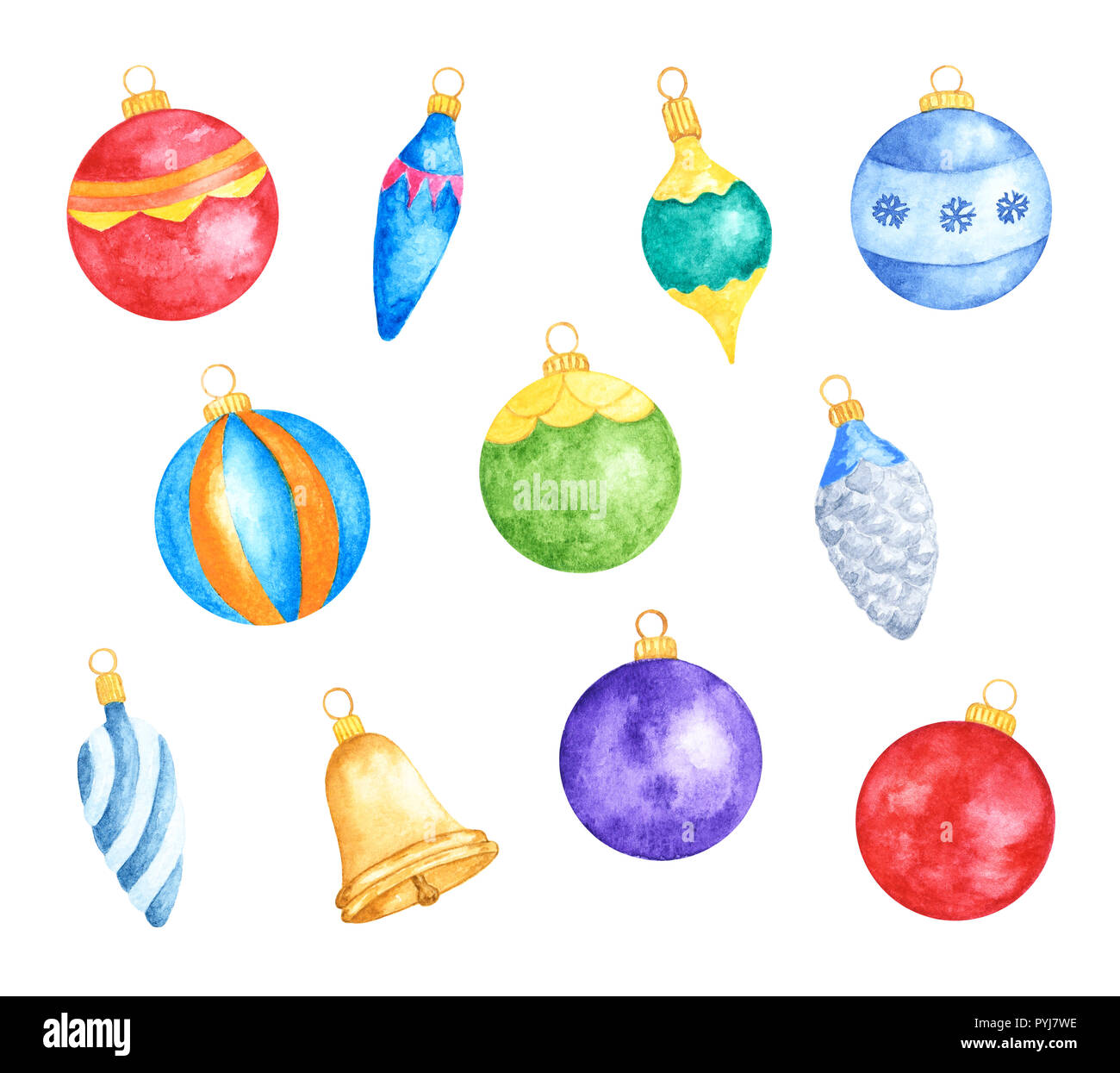 Set of Various Colorful Christmas Tree Decorations. Watercolor Hand ...