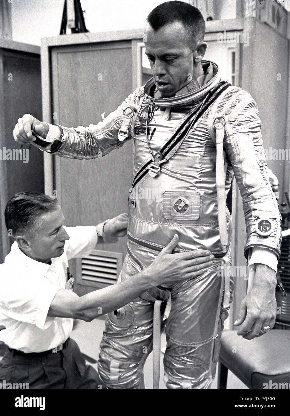 Astronaut Shepard,Alan fitted with Space suit MR-3 ( Mercury-Redstone) Freedom 7. Stock Photo