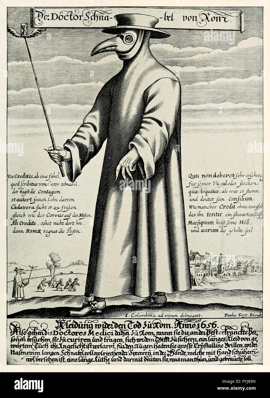 Paul Furst, Copper Engraving of Doctor Schnabel / Dr. Beak, a Plague Doctor in 17th Century Rome, Circa 1656, Print. Stock Photo
