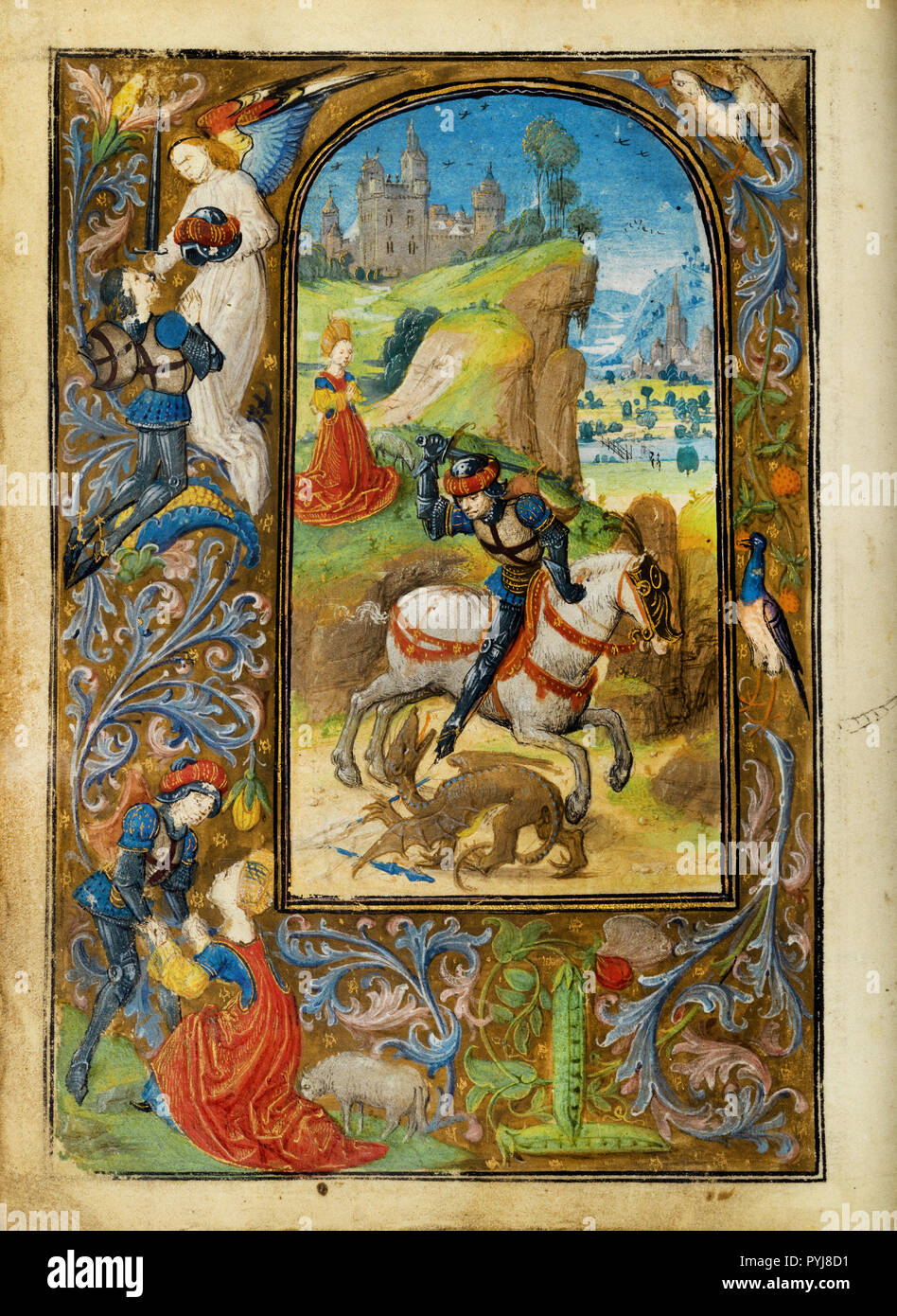 Lieven van Lathem, Saint George and the Dragon, Circa 1471 Tempera colors, gold leaf, gold, silver, ink on parchment, The J. Paul Getty Museum, Los Angeles, USA. Stock Photo