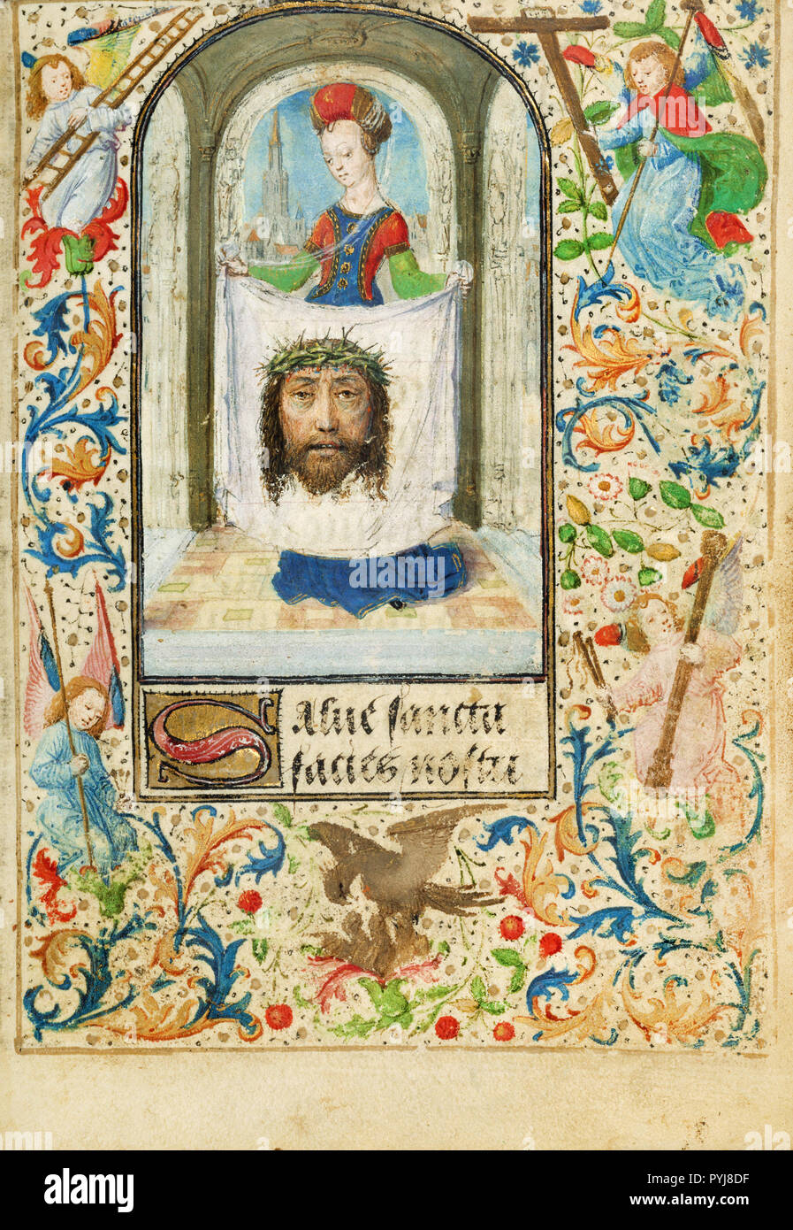 Lieven van Lathem, Saint Veronica, Circa 1471 Tempera colors, gold leaf, gold, silver, ink on parchment, The J. Paul Getty Museum, Los Angeles, USA. Stock Photo