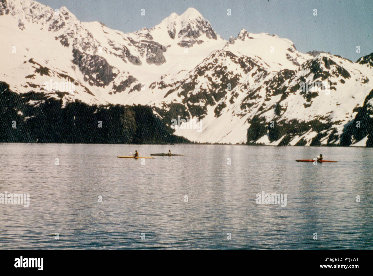 June 1975 - Aialik Bay, Bear Cove, Kayakers, Alaska Stock Photo