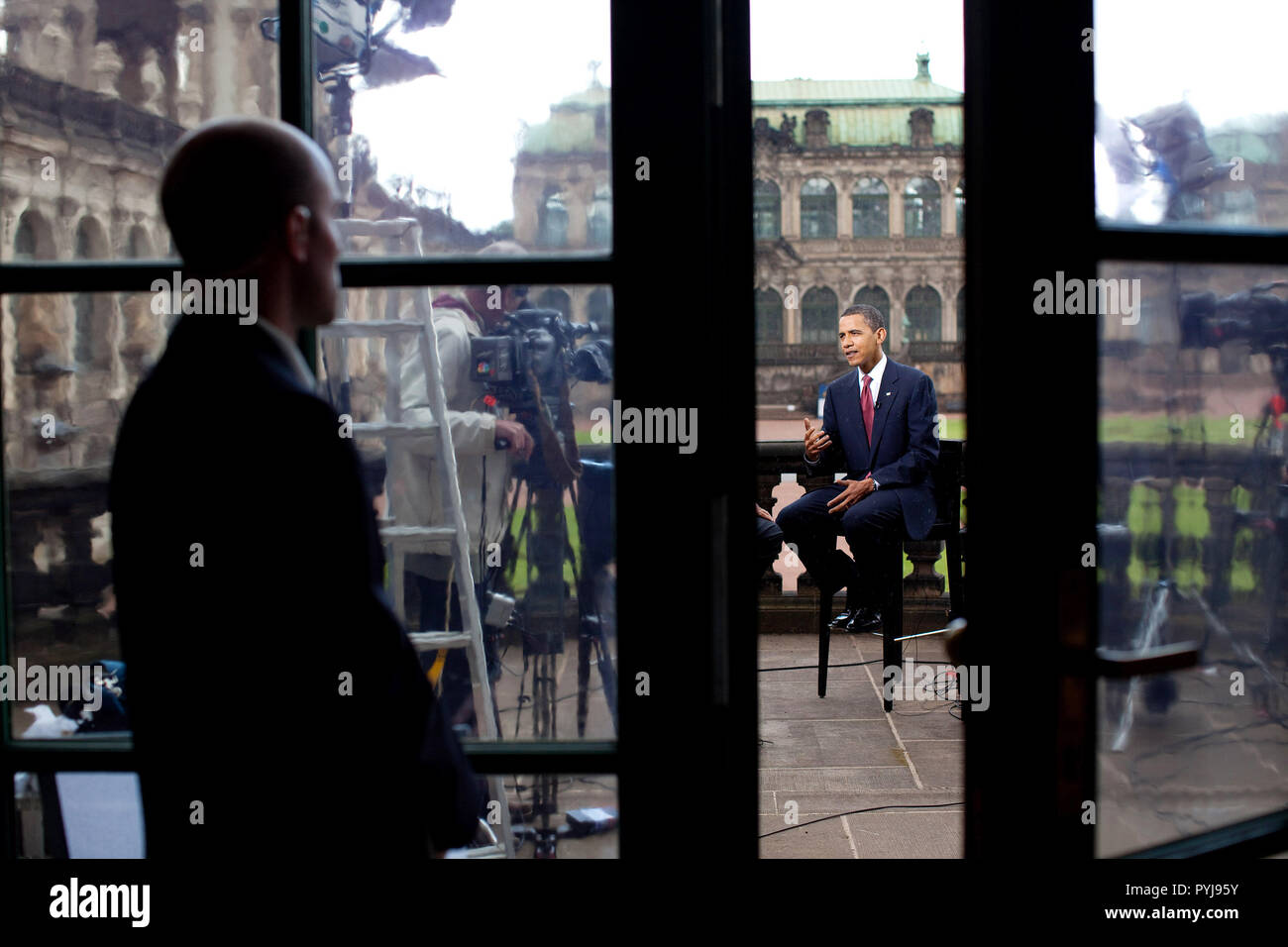 President Barack Obama is interviewed by Tom Brokaw at Zwinger Palace in Dresden, Germany, June 5, 2009. Stock Photo