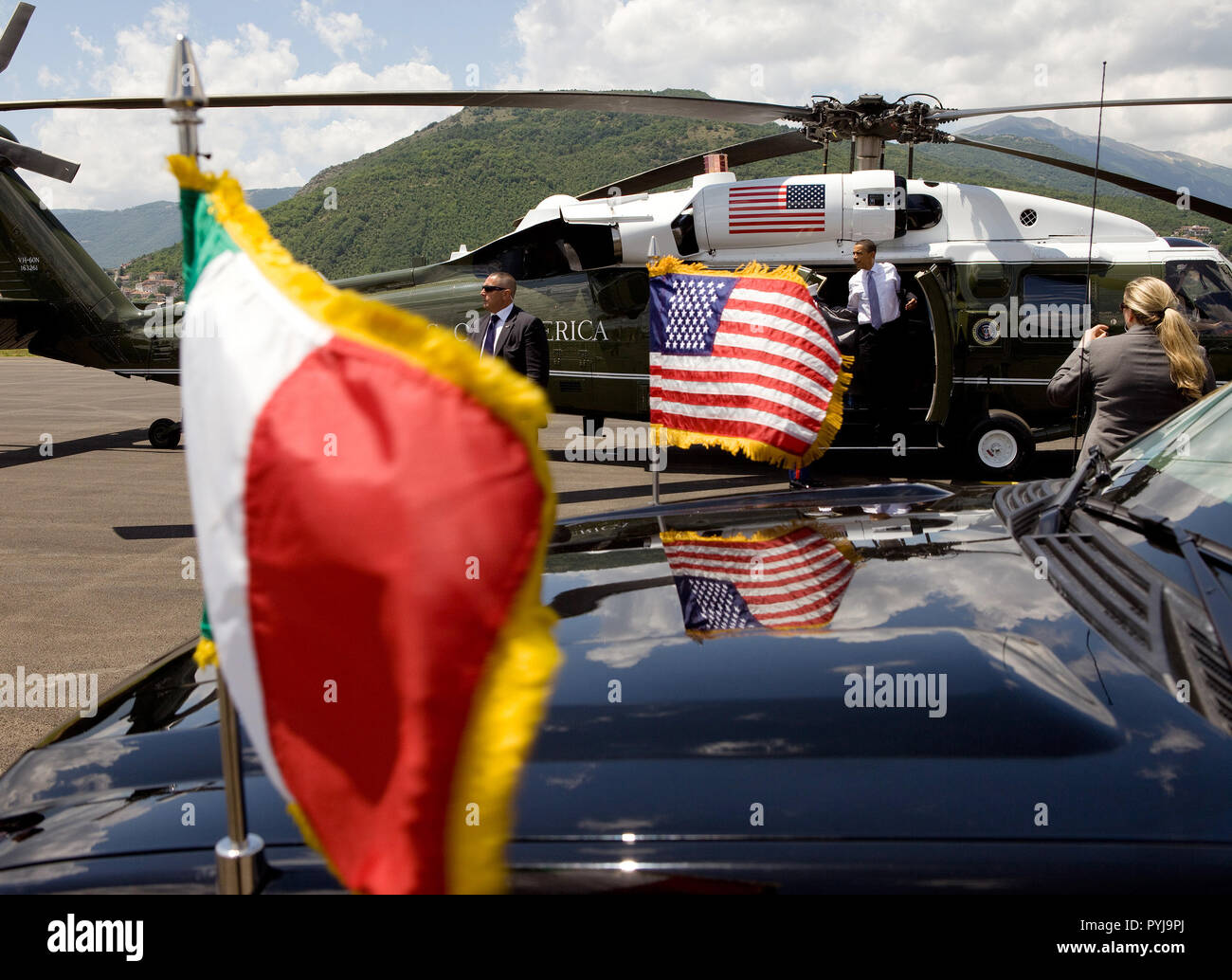 President Barack Obama arrives for the G-8 summit in L'Aquila, Italy, July 8, 2009. Stock Photo