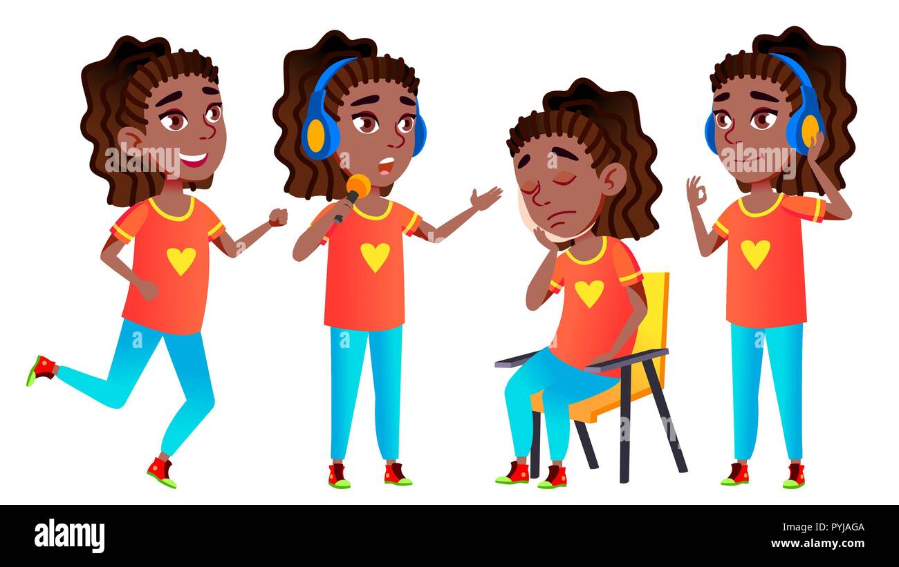 Girl Schoolgirl Kid Poses Set Vector. Black. Afro American. High School ...