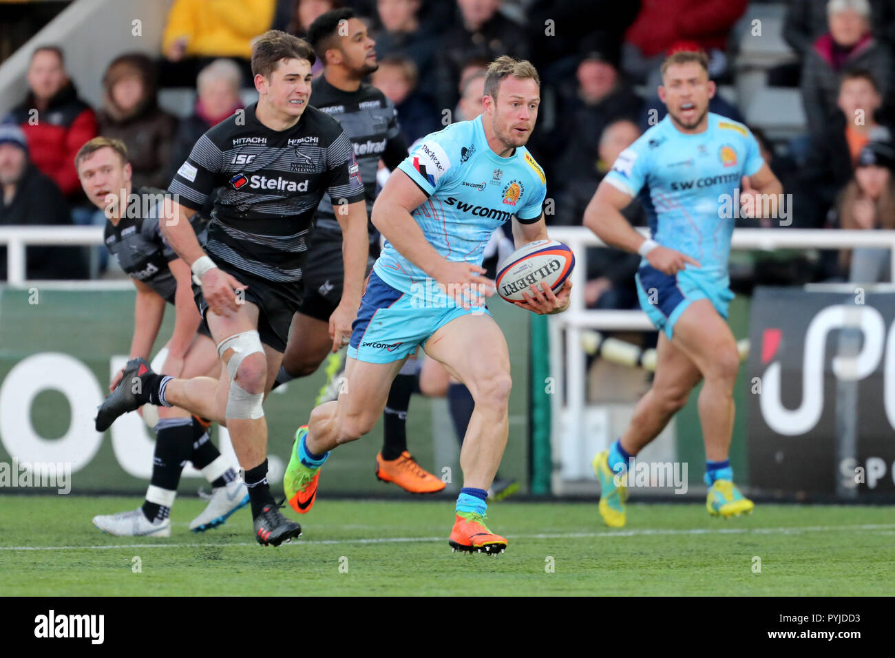 Exeter Chiefs James Short on his way to scoring during the Premiership Rugby Cup match at Kingston Park, Newcastle. Stock Photo