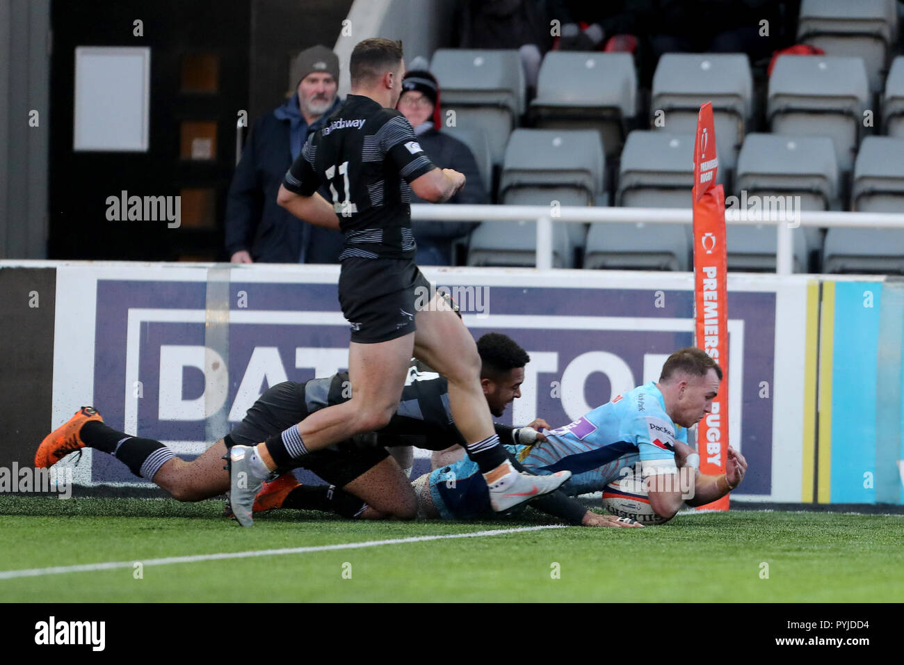 Exeter Chiefs Max Bodilly scores during the Premiership Rugby Cup match at Kingston Park, Newcastle. Stock Photo