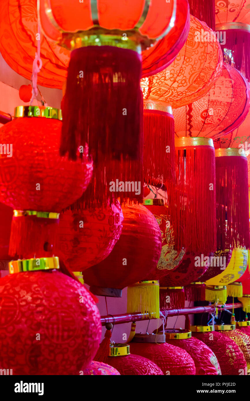 Red chinese lamps hanging in china district at Singapore Stock Photo