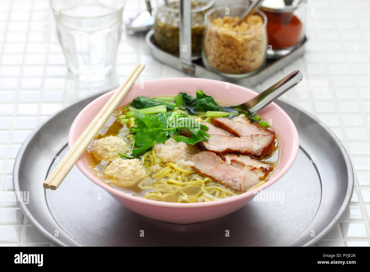 bami nam, egg noodles soup served with roast pork, thai food Stock Photo