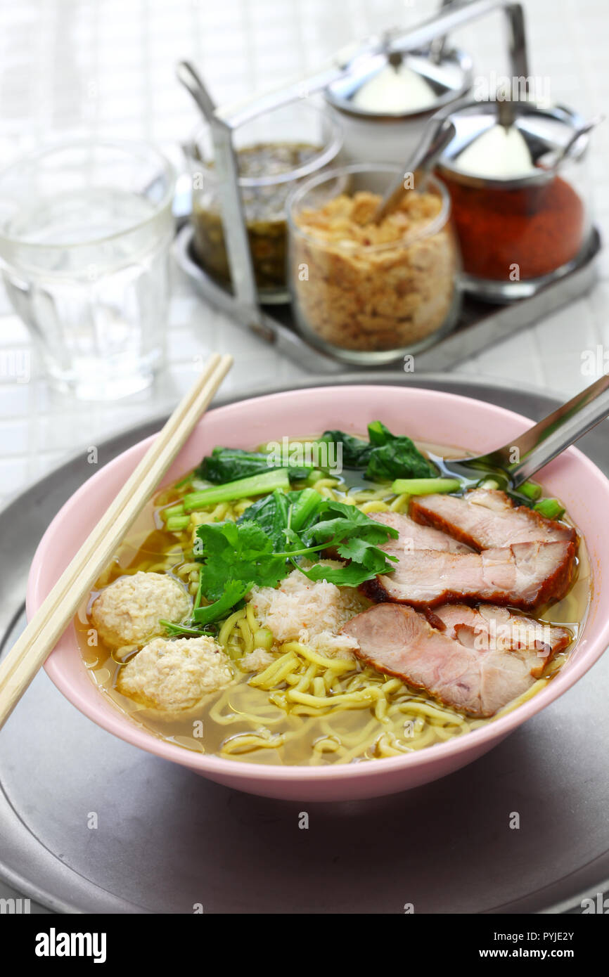 bami nam, egg noodles soup served with roast pork, thai food Stock Photo