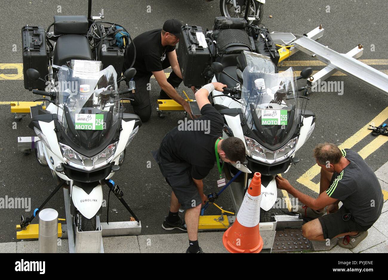 Eurolinx media broadcast crew vehicle near the finish line at the 1st stage of Tour of Britain 2018 in the city of Newport South Wales GB UK 2018 Stock Photo