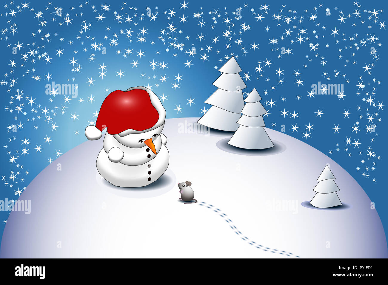 A little snowman with a santa claus hat is staying in the snow Stock ...