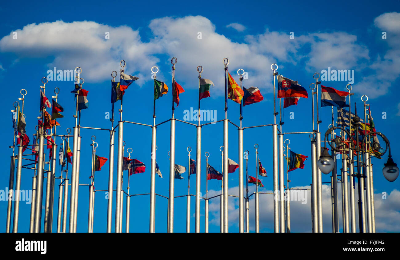 Flags of European countries on flagpoles against the blue sky Stock ...