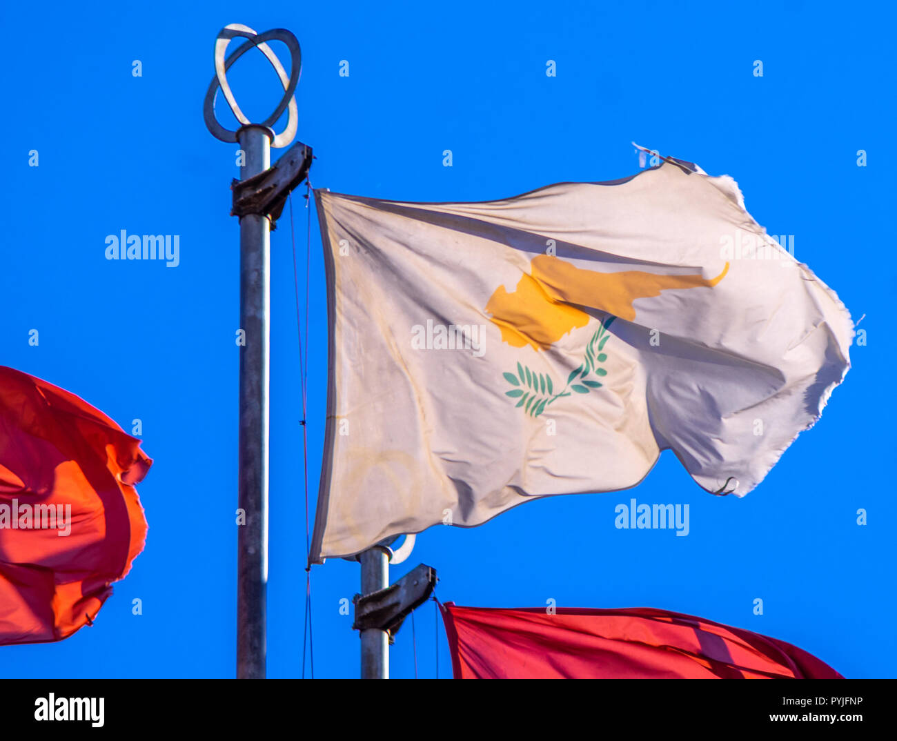 Flags of European countries on flagpoles against the blue sky Stock ...