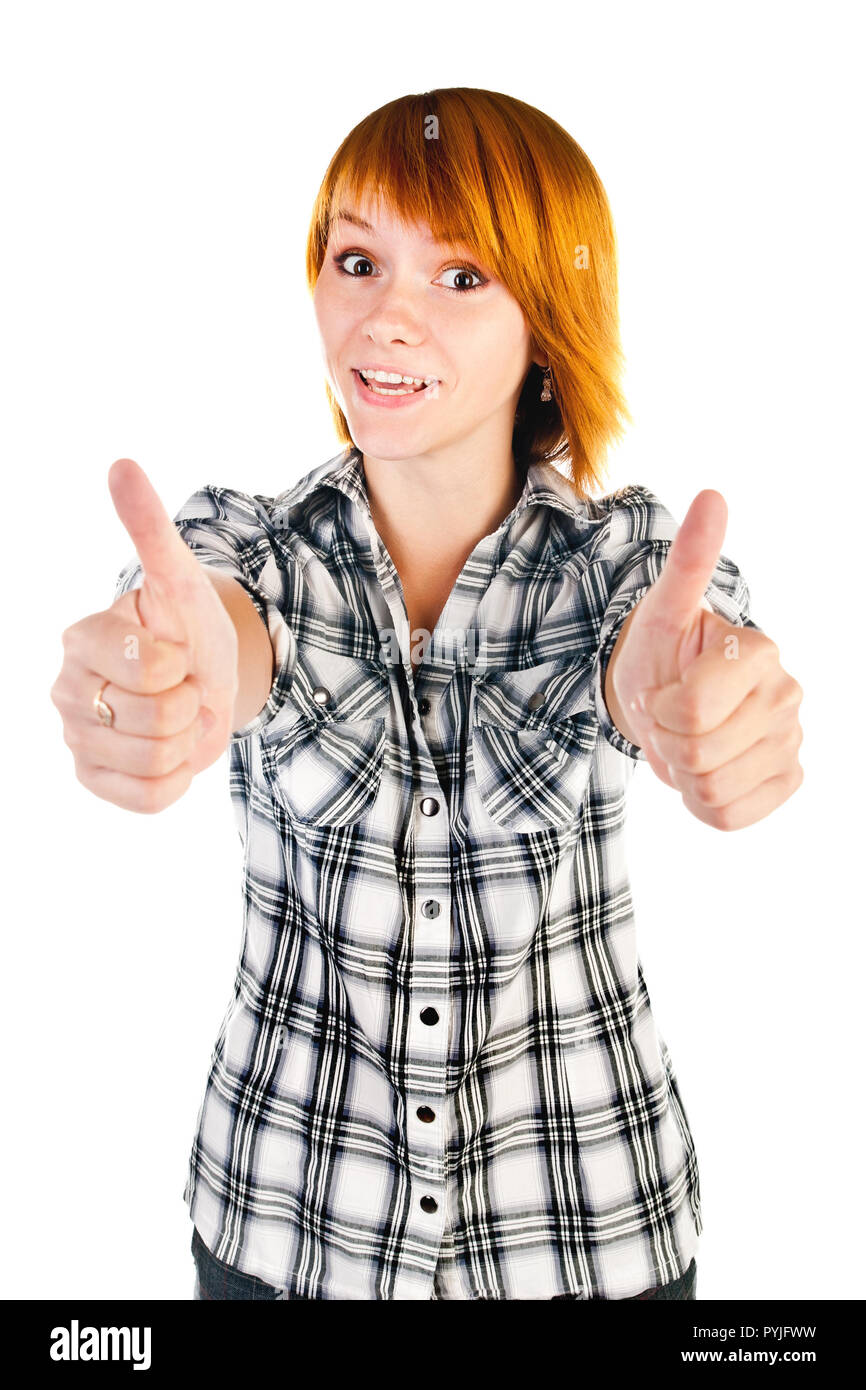 young woman showing thumbs up isolated on a white background Stock ...
