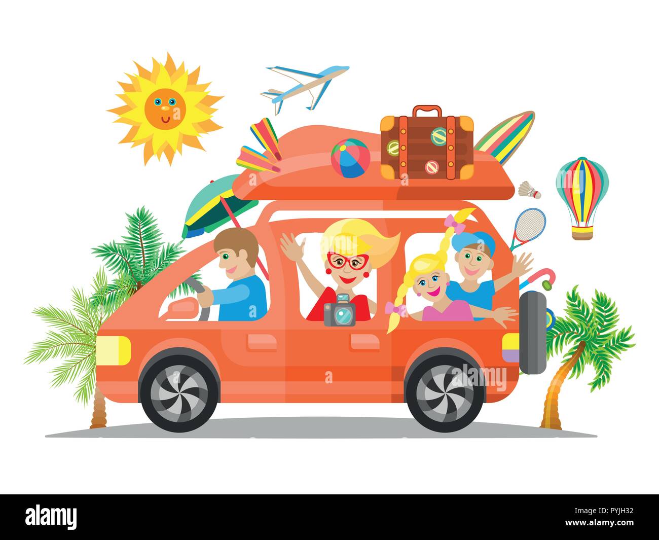 Happy family traveling by red car. Vector flat Stock Vector