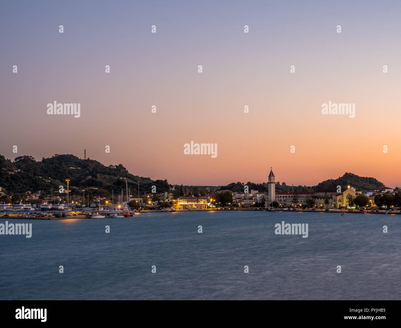 sunset over in Zante town harbor, Zakinthos Greece Stock Photo