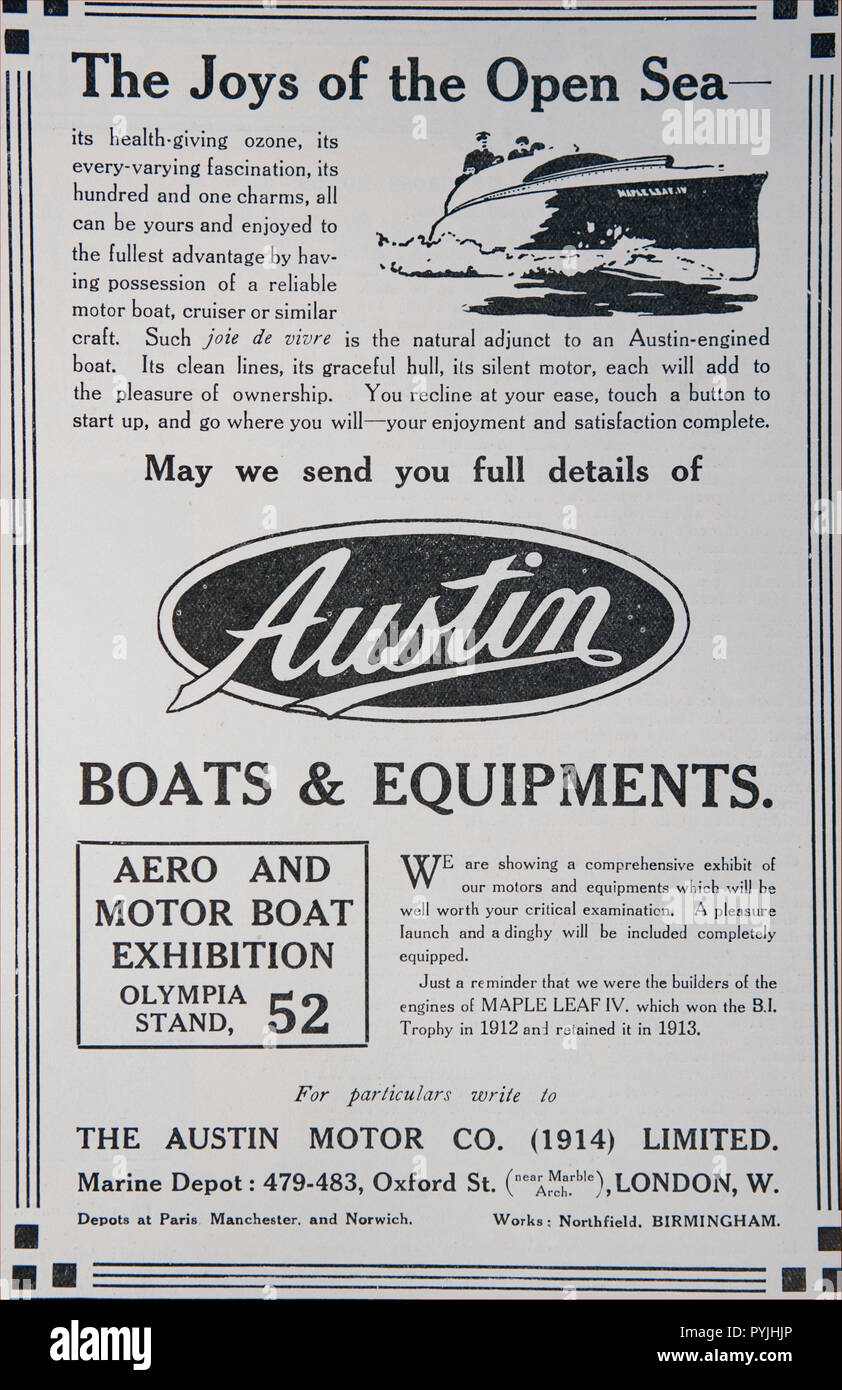 Old advert for the Austin Motor Co (1914) Limited boats. From a British magazine from the 1914-1918 period. England UK GB Stock Photo