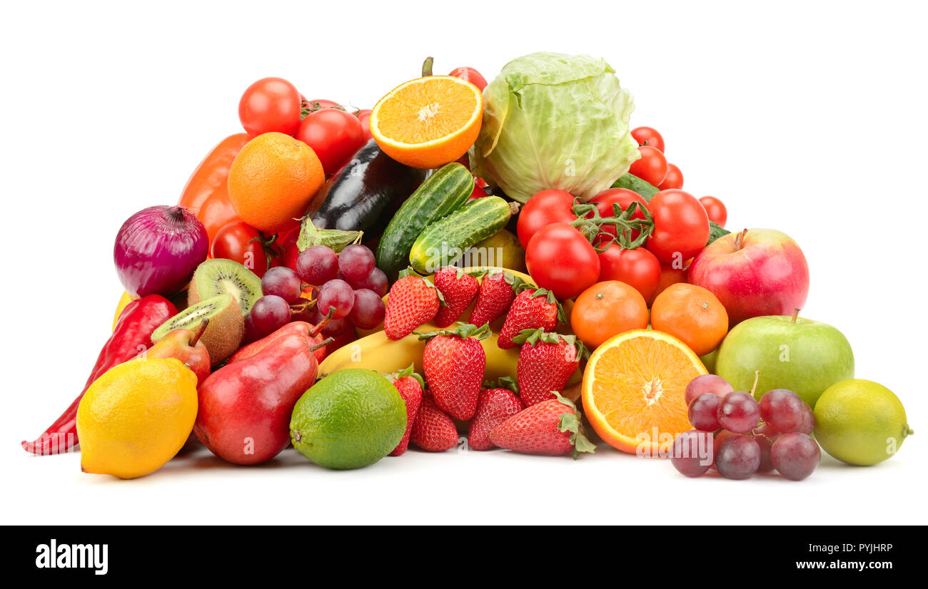 Variety of healthy fresh fruits and vegetables isolated on white background. Stock Photo