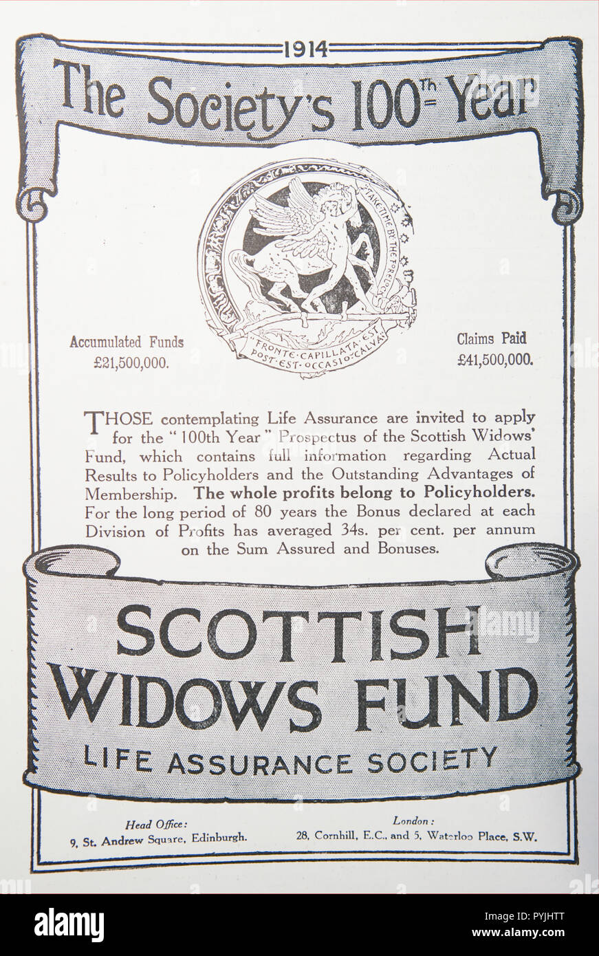 An old advert for Scottish Widows Fund. From a British magazine from the 1914-1918 period. England UK GB Stock Photo